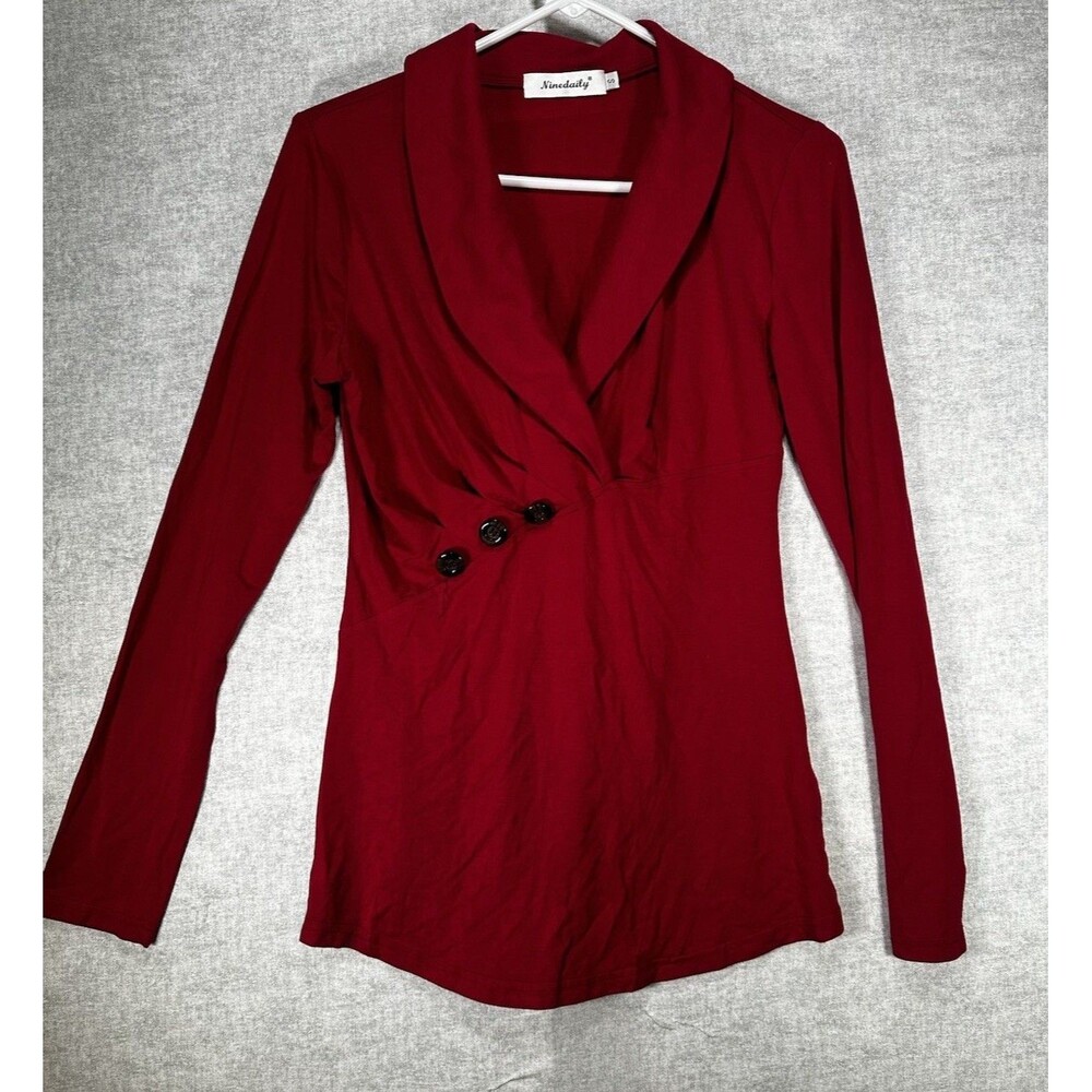Ninedaily Women Large Knit Top Shirt Tunic Red Long Sleeve Lapel V Neck Rayon Sm